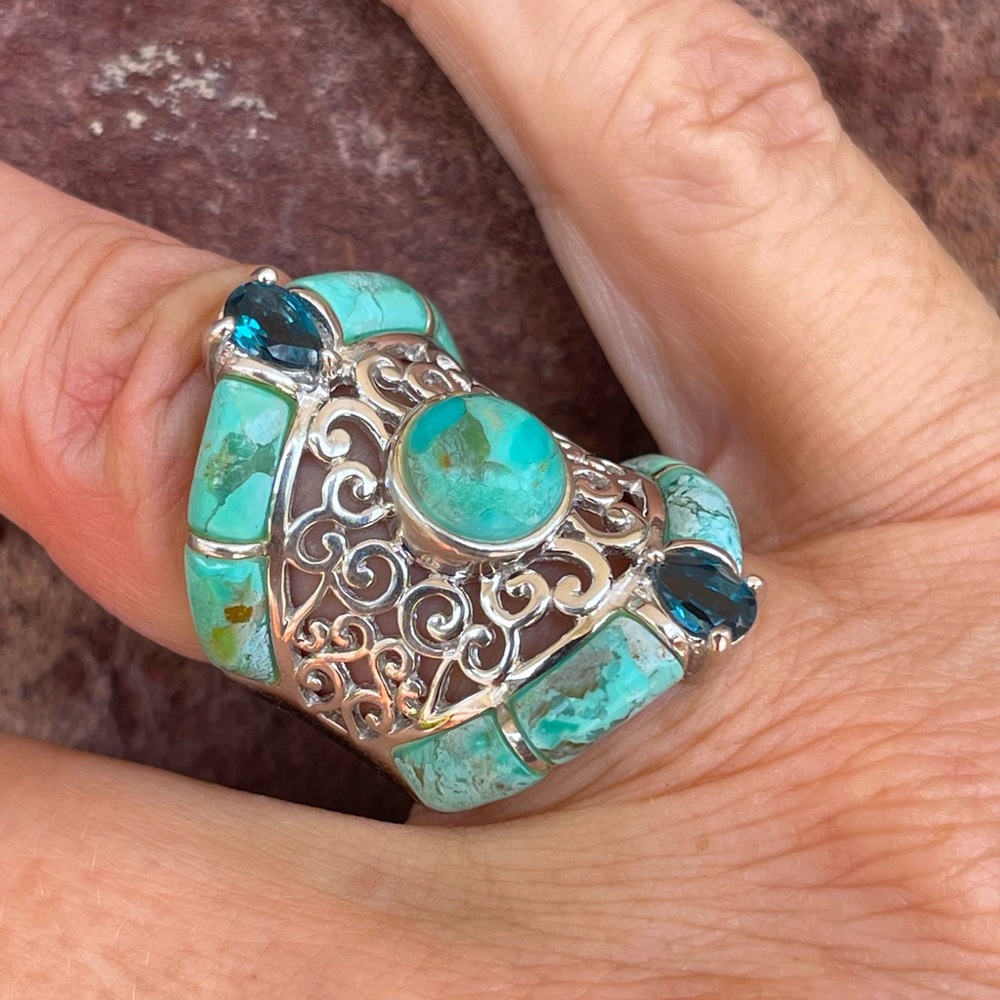 Pangea Mines Turquoise & Topaz scrollwork ring size 9.